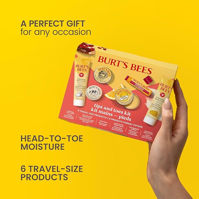 Burt's Bees Back to School Gift Ideas, Tips and Toes Kit, 6 Travel Size Products - Pomegranate Moisturizing Lip Balm, 2 Hand Creams, Foot Cream, Cuticle Cream, and Hand Salve