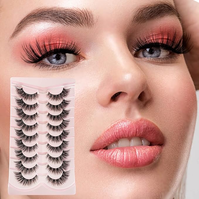 Cat Eye Mink Lashes Fluffy Eye Lashes Natural Look, Yasnai Wispy False Eyelashes Volume Thick Lashes Fake Lashes Natural Eyelashes 9 Pairs Pack 3D Faux Mink Eyelash