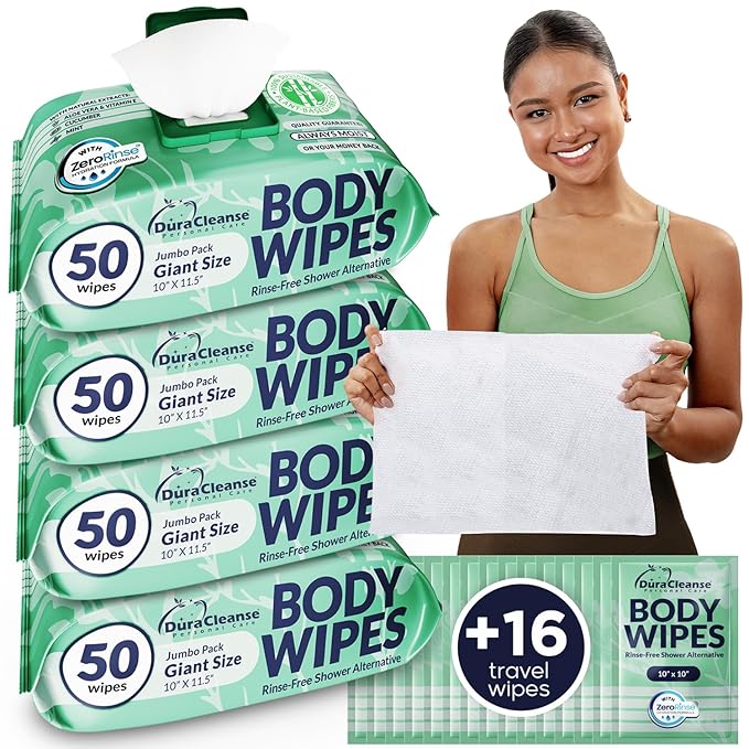 Body Wipes for Women, Extra Moist No Rinse Bathing Sheets (4pk), 200 XL Shower Cloths + 16 Deodorizing Bath Wipes - 9"x12" Travel Size Essentials, Toiletries for Womens Hygiene & Post Workout Cleanup