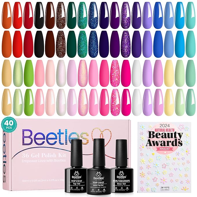 beetles Gel Nail Polish Set 36 Colors Pink Red Green Blue Gel Polish Verse of Flower Collection Nail Kit with 3Pcs Base Top Coat Soak off UV Gel & Nail Art Stickers Gifts for Women