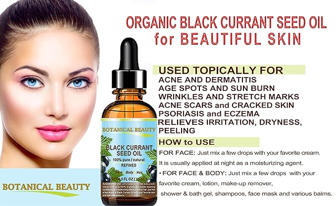 BLACK CURRANT SEED OIL 100% Pure Natural Undiluted Refined Cold Pressed Carrier oil. 2 Fl.oz. - 60ml For Face, Skin, Hair, Lip, Nails. Richest in Gamma Linolenic acid, Omega 3 by Botanical Beauty