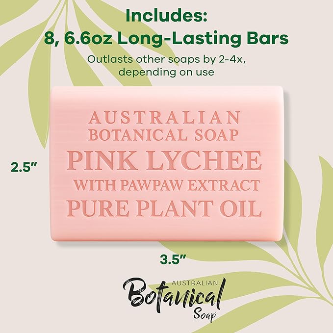 Australian Botanical Soap, 6.6 OZ, Pink Lychee and Pawpaw Extract, Triple Milled Bars made with a Natural Soap Base and Enriched with Organic Shea Butter, Pack of 8