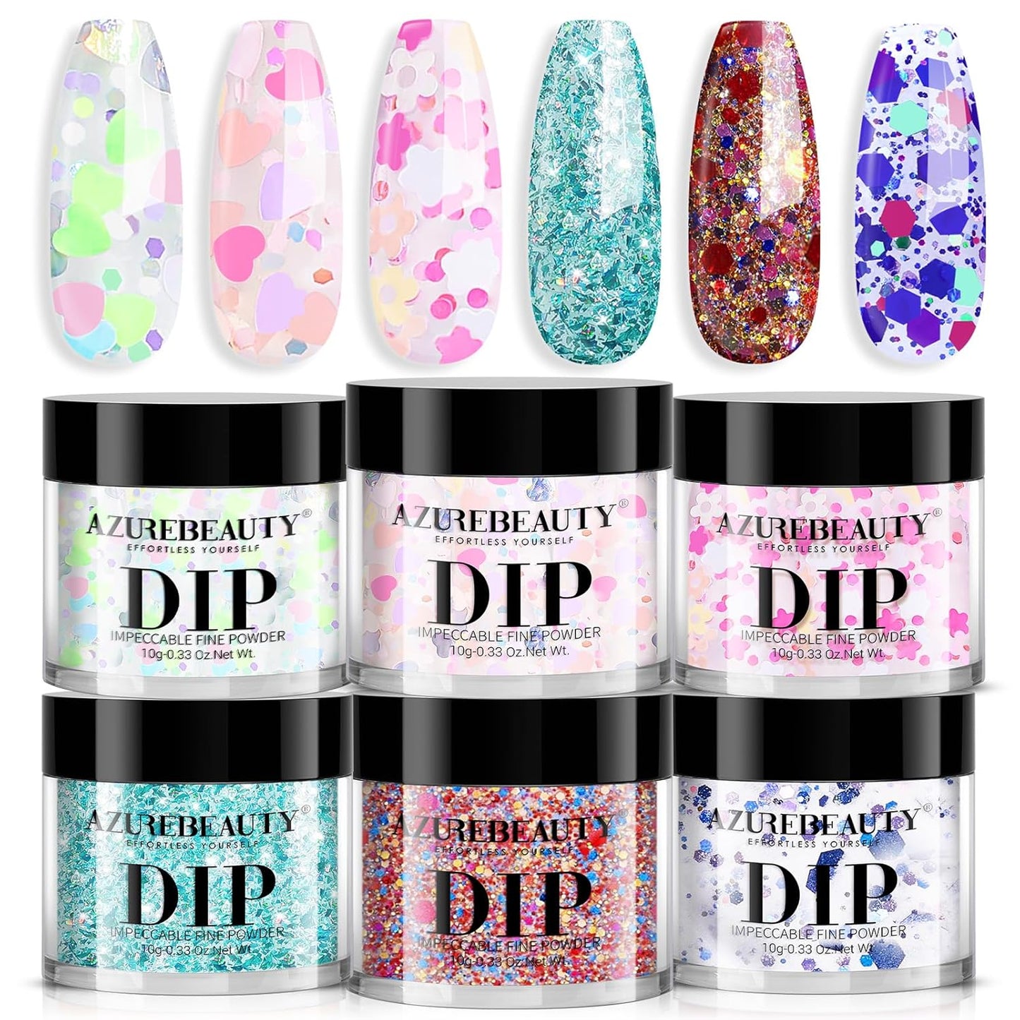 AZUREBEAUTY Dip Powder Nail Set, 6 Colors with Glitter in Pink and Aqua Blue, Light Dark Tones, No Lamp Needed, All Seasons, Dipping Powder Starter Kit for Manicure and Salon Use