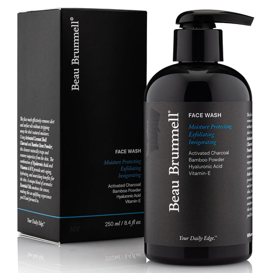 Beau Brummell for Men's Activated Charcoal Face Wash | Gentle Exfoliating Cleanser with Hyaluronic Acid, Bamboo Powder, Marine Plankton Extract, Vitamins A & E | 8 fl oz, Made in USA