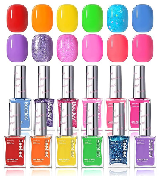Beetles Nail Polish Set 12 Colors Neon Hot Pink Blue Purple Bright Nail Polish Glitter Nail Polish Kit Air Quick Dry Fingernail Polish Diy Nail Art Set Home