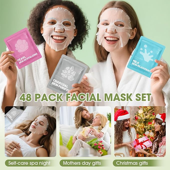 48 Pack Collagen Hydrating Face Masks Skincare for Women, Moisturizing & Soothing Face Mask for All Skin Types, Facial Masks Set Spa Gifts for Women, Bulk Sheet Face Mask for Skin Care