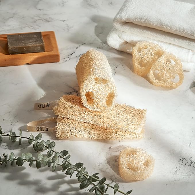 Chill Ah Natural Loofah Sponge Set – 100% Plant-Based, Dye-Free, Biodegradable Bath Exfoliator for Glowing Skin – Handcrafted in Vietnam (4-Pack)