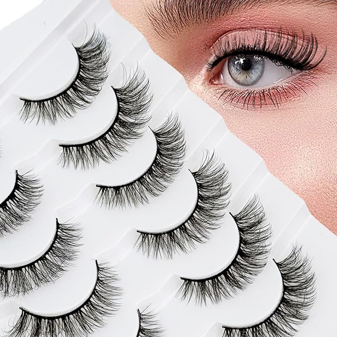 Cat Eye Lashes False Eyelashes Natural Look, Yasnai Wispy Fake Lashes Volume Lashes, Mink Lashes Fluffy Strips Lashes Natural Eyelashes 6 Pairs Pack