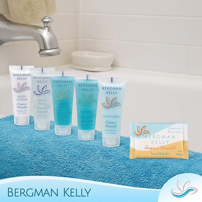 BERGMAN KELLY - Hotel Soap Bars - Tropical Waterfall, 1 oz, 200 PK - Travel Size Luxury Bulk Amenities Bar Soap - Mini Individually Wrapped Rectangular Soap, Small Toiletries for Airbnb & Motel