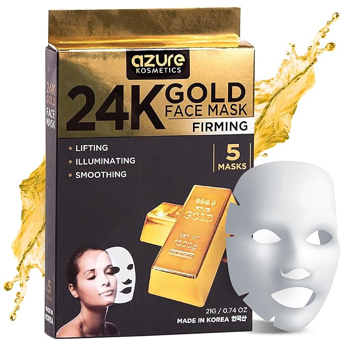 Azure Cosmetics 24K Gold Firming Face Mask- Anti Aging, Hydrating, Toning & Firming Facial Mask - Helps Reduce Wrinkles & Fine Lines with Hyaluronic Acid & Collagen - Made in Korea - Pack of 5