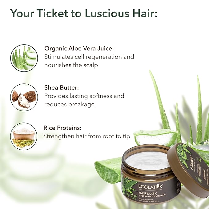 Aloe Vera Hair Mask with Organic Aloe Vera for Hair – Hydrating & Fortifying, 96.9% Natural, Vegan, Deep Treatment for Damaged, Dry & Curly Hair, Shea Butter & Rice Proteins, 8.5 Fl Oz