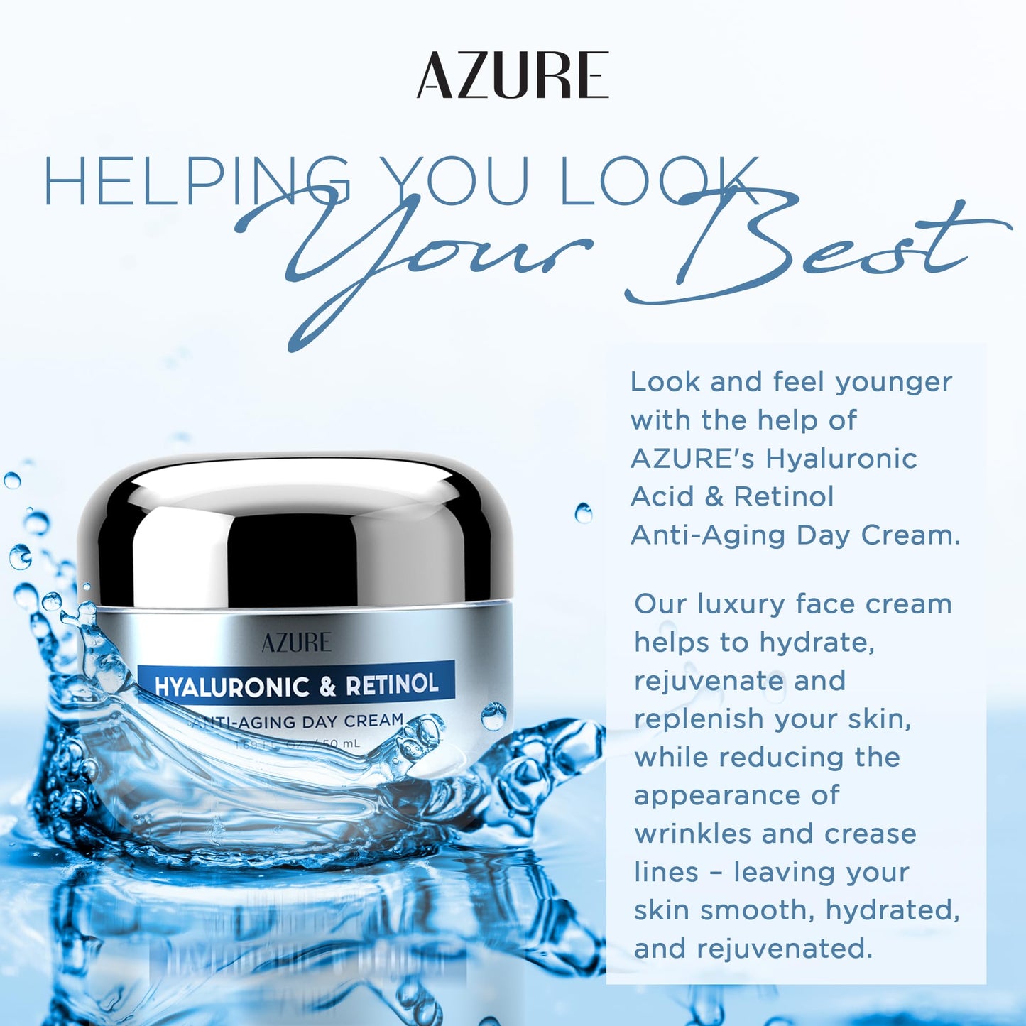Azure Cosmetics Hyaluronic Acid Moisturizer Face Cream - Dermatologist Tested, Anti-Aging Retinol Cream for Dark Spots, Fine Lines & Wrinkles - Clean Beauty, Korean Skincare - Day & Night Duo Set