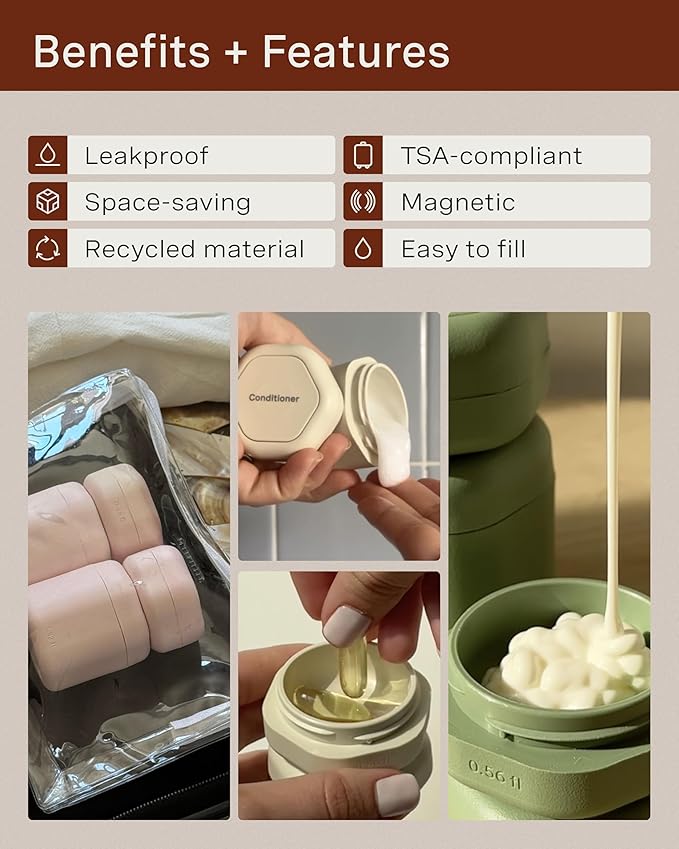 Cadence Travel Containers - Daily Routine Capsule Set - Magnetic Containers with Lids,4 Flex Mediums (1.32oz) & 3 Flex Smalls (0.56oz) - Shampoo, Conditioner, Body Wash, Pills, & More - Petal