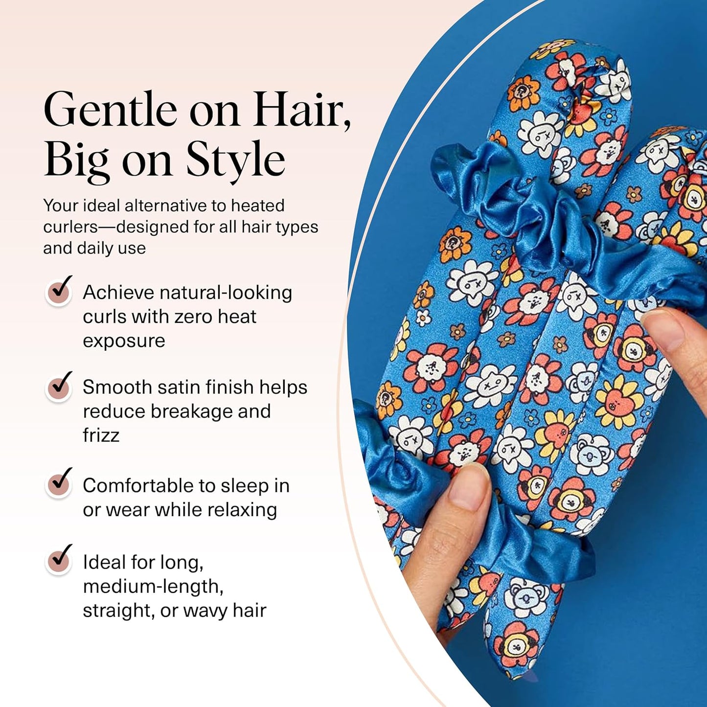BT21 x Kitsch Satin Heatless Hair Curler Set - Heatless Curls Overnight, Hair Rollers for Soft Curls & Frizz-Free Styling, No Heat Curlers To Sleep in, Curling Rod Headband for Overnight Curl - BT21