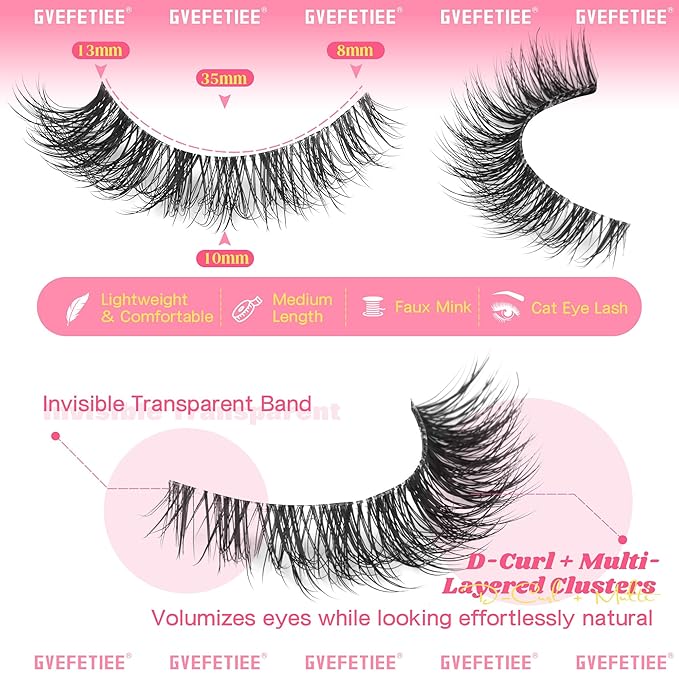 Cat Eye Lashes 13MM Short False Eyelashes Clear Band Natural Look Fluffy Faux Mink Lashes Wispy Soft Eyelashes Lightweight Handmade 8 Pairs Pack Eyelashes