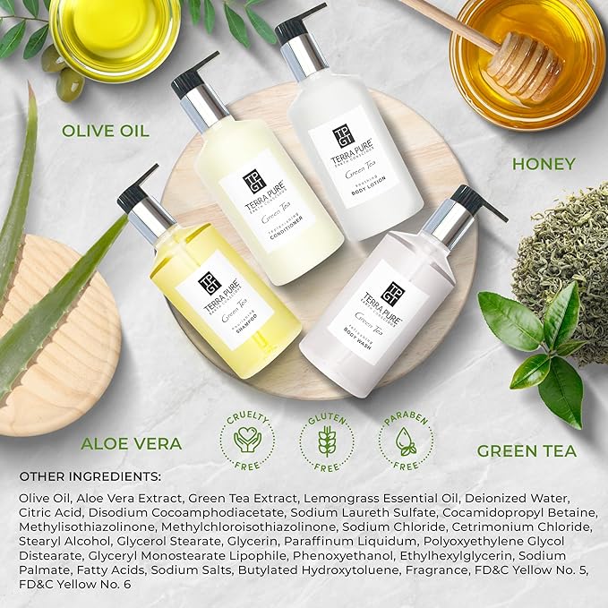 1-Shoppe Terra Pure Ecobox Amenities Kit | Green Tea Soap | Shampoo, Conditioner, Body Lotion, Body Wash | 10.14 oz | Hotel Toiletries Bulk
