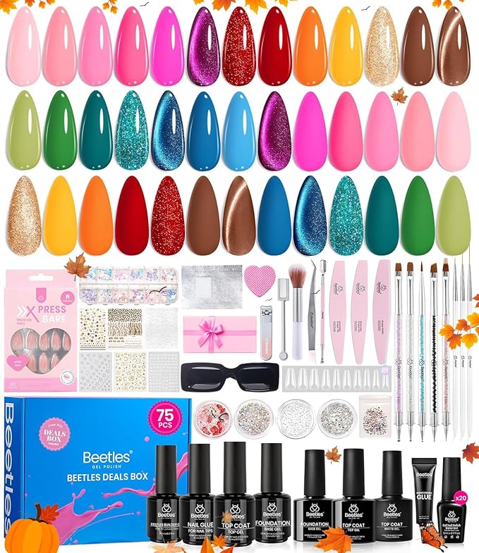 Beetles Fall Gel Nail Polish Set - Gift Box Wandering Peace Collection 20 Colors Gel Polish Kit 75 PCS Blue Red Black Purple Glitter Cat Eye Glitter Glossy Matte Top Coat Halloween Gifts for Women