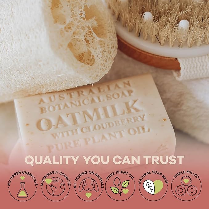 Australian Botanical Soap, 6.6 OZ, Oat Milk with Cloudberry, Triple Milled Bars made with a Natural Soap Base and Enriched with Organic Shea Butter, Pack of 8