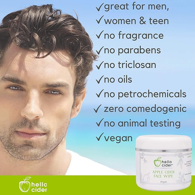 Apple Cider Vinegar Acne Face Toner Pads - Organic Tea Tree, Witch Hazel, Rose, Lavender. Cleanse, Tone, Hydrate, Calm & Sooth. 60 pads. USA by Hello Cider