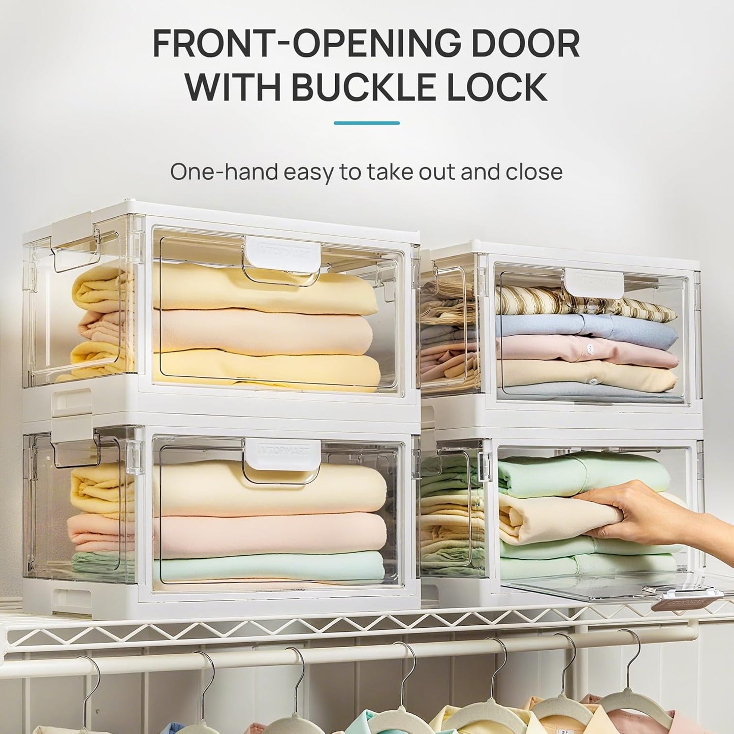 Vtopmart 8 Pack Stackable Storage Bins with Lids,24QT Clear Foldable Closet Organizer with Front-Open Doors,Plastic Storage Containers for Living Room, Bedroom, Craft Room, Dorm Organization