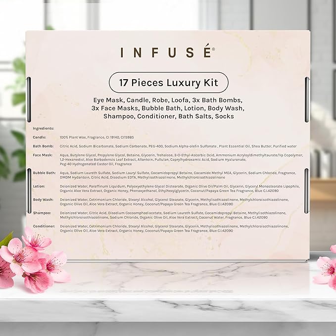 17-Piece Luxury Gift Set with Robe | Complete INFUSÉ White Tea & Coconut Bath Collection | Self-Care Kit with Bath Bombs, Face Masks & Hair Care | Bridesmaid, Mom, Wife, Grandma or Loved Ones