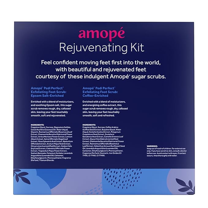 Amopé Rejuvenating Kit - Contains Exfoliating Sugar Foot Scrubs with Epsom Salt, Coffee and a Nourishing Blend of Moisturizers to Rejuvenate, Smooth, Soothe & Relax your Feet, with Foot & Leg Scrubber