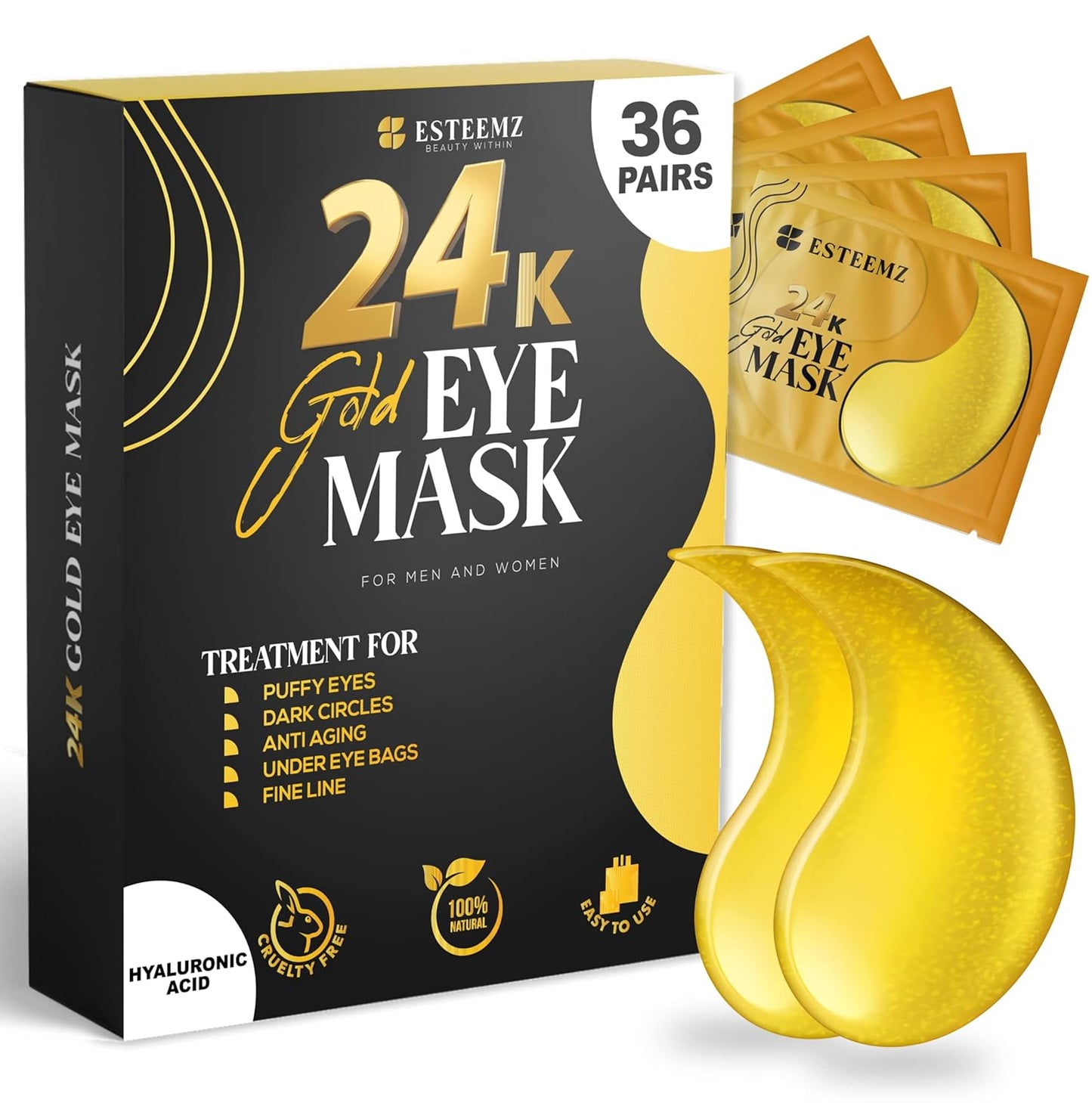 24K Gold Under Eye Patches For Puffy Eyes (36 Pairs Individually Wrapped) - Collagen Enriched Under Eye Masks for Dark Circles and Puffiness, Hyaluronic Acid Under Eye Mask Patches for Wrinkles