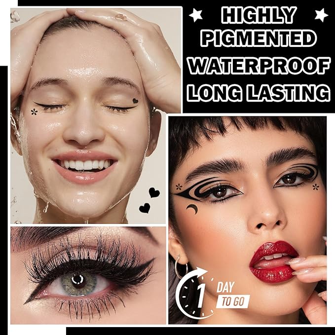 8PCS Black Liquid Eyeliner Stamps Set,Double-side Winged Eyeliner Stencil Pen,Waterproof Long Lasting Eye Liners Stamp Eyeliner Pencil Tattoo Makeup Tools with Heart,Flower,Star,Butterfly,Cone Shapes