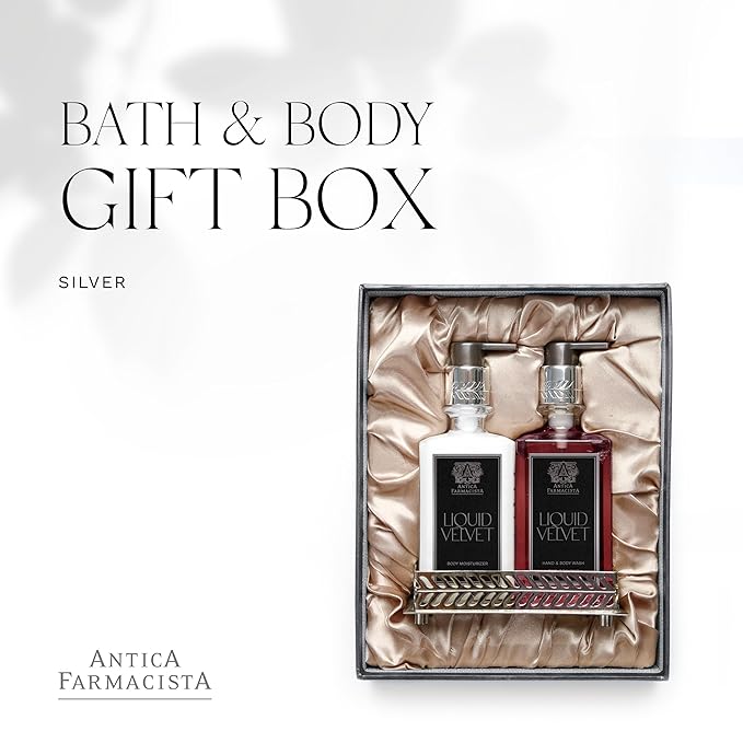 Antica Farmacista Liquid Velvet Acrylic Bath & Body Gift Set - Moisturizing Scented Lotion - Premium Hand Wash - With Silver Tray - Mother's Day Skincare Gift - Hand & Skin Hydration - Liquid Velvet
