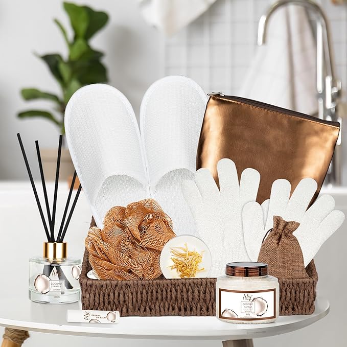Bath and Body Gift Basket Set for Women - Coconut Vanilla Christmas Gifts for Women, Spa Gift Basket 17-Piece Bath Gift Set Self Care Gifts for Mothers Day, Birthday Gifts