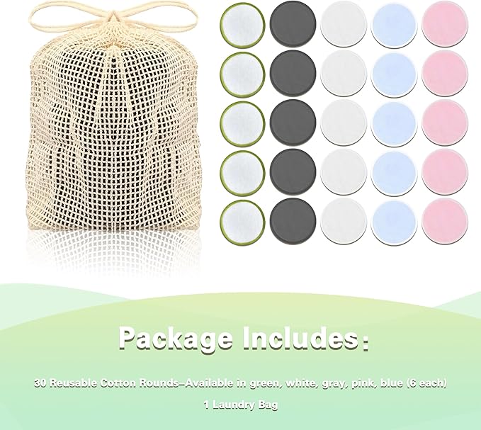 Chloven Reusable Cotton Rounds - 30 Pack Washable Bamboo Makeup Remover Pads for Gentle Cleansing Reusable Face Pads for Skincare & Nail Polish Removal with Mesh Laundry Bag