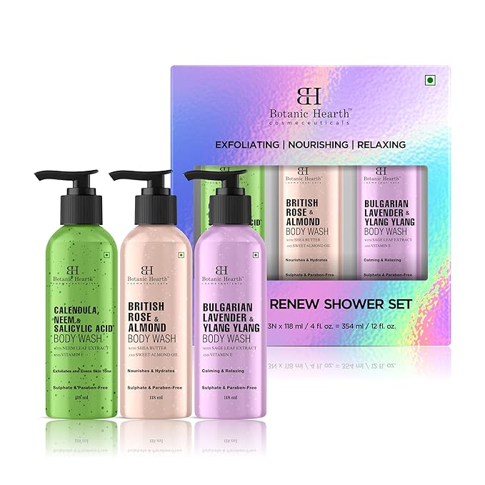 Botanic Hearth Relax And Renew Shower Set | Pack Of 3 Of Body Wash (British Rose,Lavender, Calendula Neem) 2 Fl Oz Each