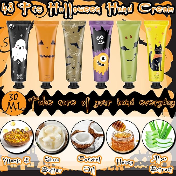 48 Pack Halloween Hand Cream Gift Sets for Women Ghost Mini Hand Lotion Bulk Travel Size Moisturizing Cream Halloween Party Favors Gifts for Stocking Stuffers 6 Natural Plant Fragrances
