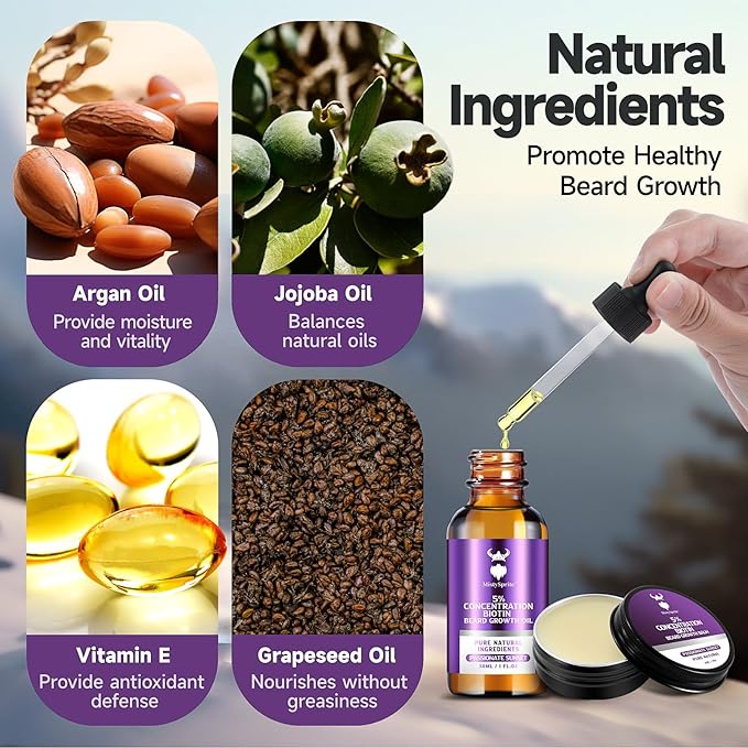 Beard Growth Kit - 5% Concentration Biotin Beard Oil for Men (2 oz) - Natural Mens Beard Oil with Argan Oil, Jojoba Oil and Vitamin, Beard Growth Softener, Moisturizer (Passionate Sunset)