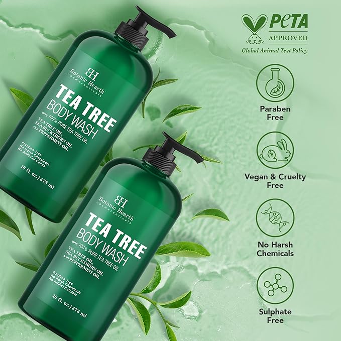 Botanic Hearth Tea Tree Body Wash | 16 Fl Oz | Helps Soothe Itchy, Dry Skin, Body Wash With 100% Pure Tea Tree Oil | Sulfate Free, Paraben Free, For Men And Women Set Of 2