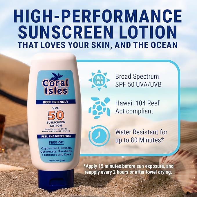 Sunscreen SPF 50 | Hawaii Compliant as Reef Safe | Octinoxate & Oxybenzone Free | Broad Spectrum UVA/UVB Protection | Water Resistant 80 Min. | Fragrance Free | 6 Fl Oz Lotion