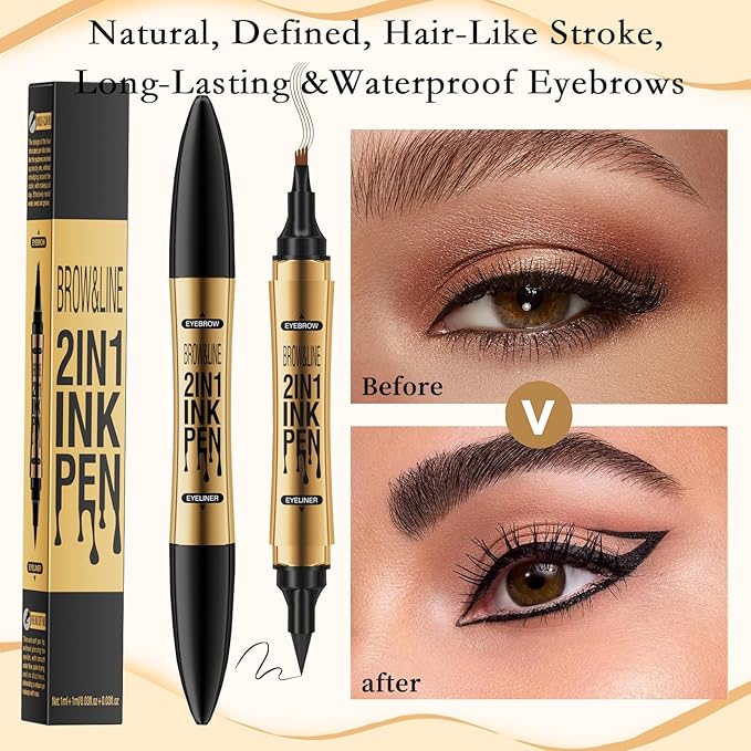 3D Four-Tip Eyebrow Pen & Eyeliner Duo - Waterproof, Long-Lasting, Smudge-Proof, Easy to Use for Perfect Brows and Defined Eyes - Gray Eyebrow Pencil & Black Eyeliner