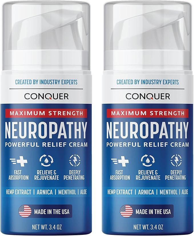 Conquer Neuropathy Cream - Powerful Relief Foot Cream for Neuropathy with Natural Arnica, Aloe Vera, Hemp Extract, Menthol - Maximum Strength Cooling & Soothing - 3.4oz Large Size (Pack of 2)