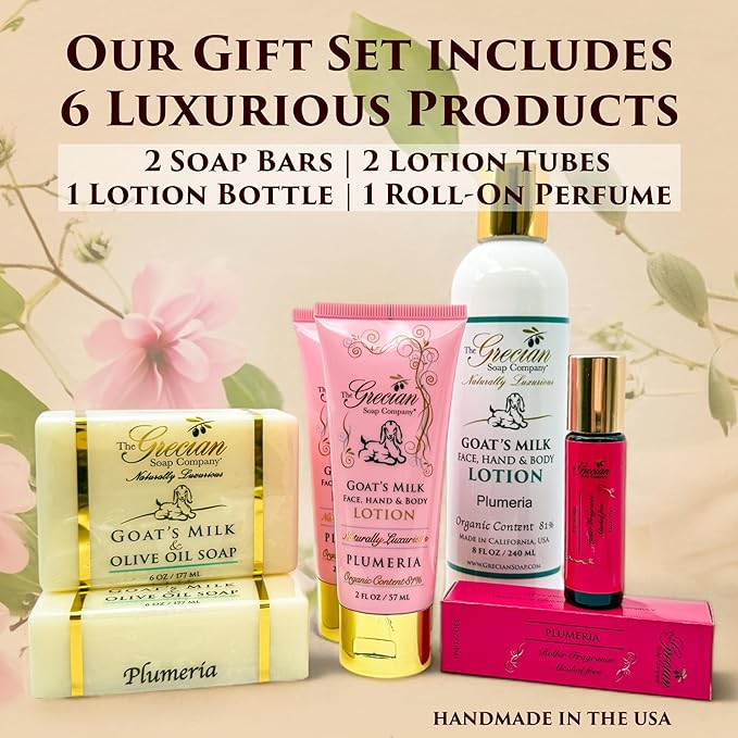 Deluxe Bathtub Gift Set – 6pcs Goat Milk & Olive Oil Skin Care Set, Spa Gifts, Bridal Shower Gifts Gifts for Mom, Birthday Gifts, Plumeria Scent, Handmade in the USA