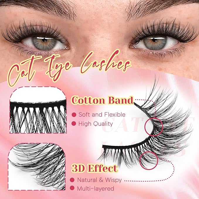 Ahrikiss Lashes Wispy False Eyelashes Natural Look Cat Eye Lashes 8 Pairs Faux Mink Lashes Fluffy Fake Eyelashes Lightweight Soft Strip Lashes (Ethereal Only)