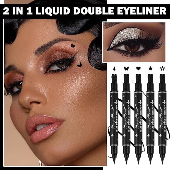 5 PCS Black Liquid Winged Eyeliner Stamp Pen Makeup Tools,Double-side Eyeliner Stamps Pencil Set,Waterproof & Long Lasting Smudgeproof Eye Liner Stencil Tattoo Pens for Women