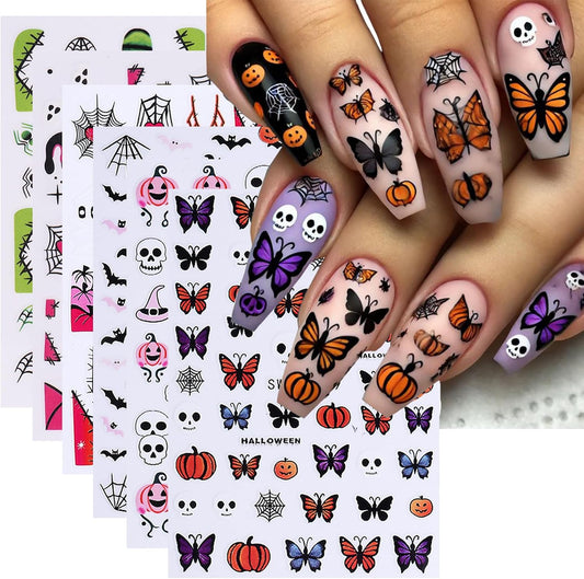 6 Sheets Halloween Nail Art Stickers Decals 3D Self-Adhesive Cartoon Bat Spider Web Skull Nail Stickers French Flame Spider Web Heart Nail Decals Supplies for Women DIY Holiday Manicure Decorations