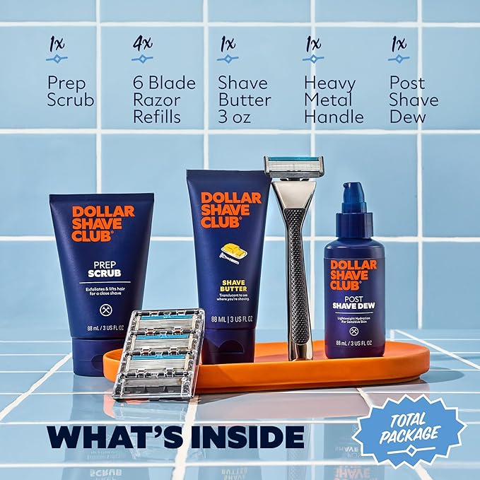 Dollar Shave Club | Total Package Gift Set | 4 Extra Close Refill Cartridges, 1 Heavy Metal Handle, 1 Prep Scrub 3 ounce, 1 Shave Butter 3 ounce, 1 Post Shave Dew 3.4 ounce, Razors for Men