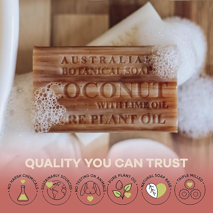 Australian Botanical Soap, 6.6 OZ, Coconut and Lime Oil, Triple Milled Bars made with a Natural Soap Base and Enriched with Organic Shea Butter, Pack of 8