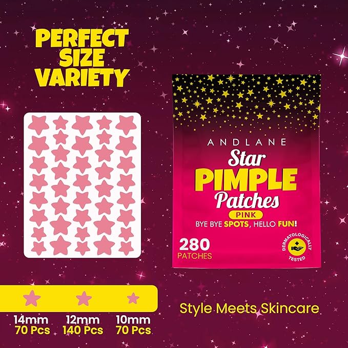 Andlane 280Pcs Star Pimple Patches for Face - Pimple Patches Cute Stars - Hydrocolloid, Salicylic Acid, Tea Tree Oil, Centella - Pink Color, 3 Sizes Zit Stickers
