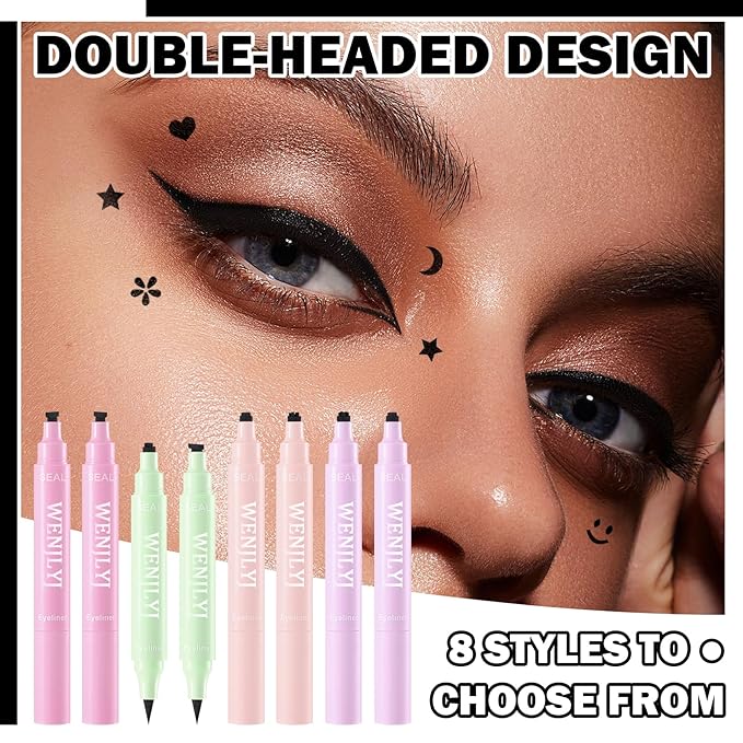 8PCS Black Liquid Eyeliner Stamps Set,Double-side Winged Eyeliner Stencil Pen,Waterproof Long Lasting Eye Liners Stamp Eyeliner Pencil Tattoo Makeup Tools with Heart,Flower,Star,Butterfly,Cone Shapes