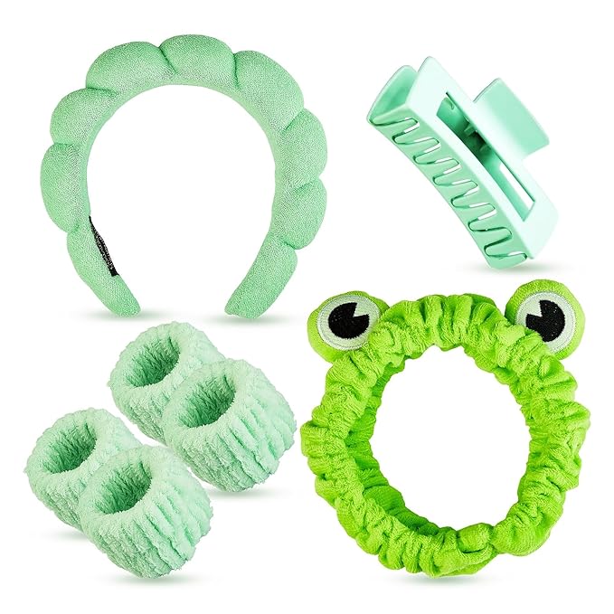 7 Pcs Spa Set, Facial Spa Headband and Wristband Set, Skincare Headband, College Style Girl Gift, Hair Accessories for Women and Girls (Green) ﻿
