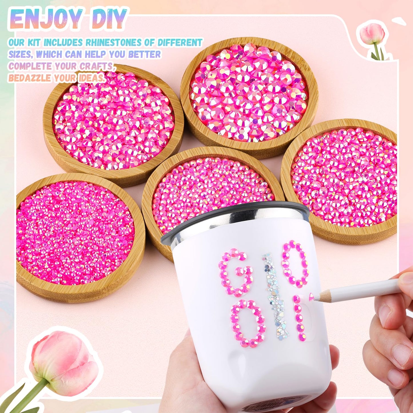 30000Pcs Resin Hot Pink AB Rhinestones for Bedazzling Crafting with b7000 Jewelry Glue, Bulk Flatback Gems Bedazzler Kit for Crafts Clothes Shoes Fabric Nail Diamond Art, Assorted Size 2/3/4/5/6mm