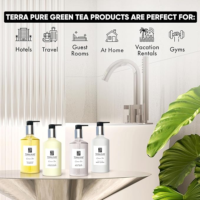 1-Shoppe Terra Pure Ecobox Amenities Kit | Green Tea Soap | Shampoo, Conditioner, Body Lotion, Body Wash | 10.14 oz | Hotel Toiletries Bulk