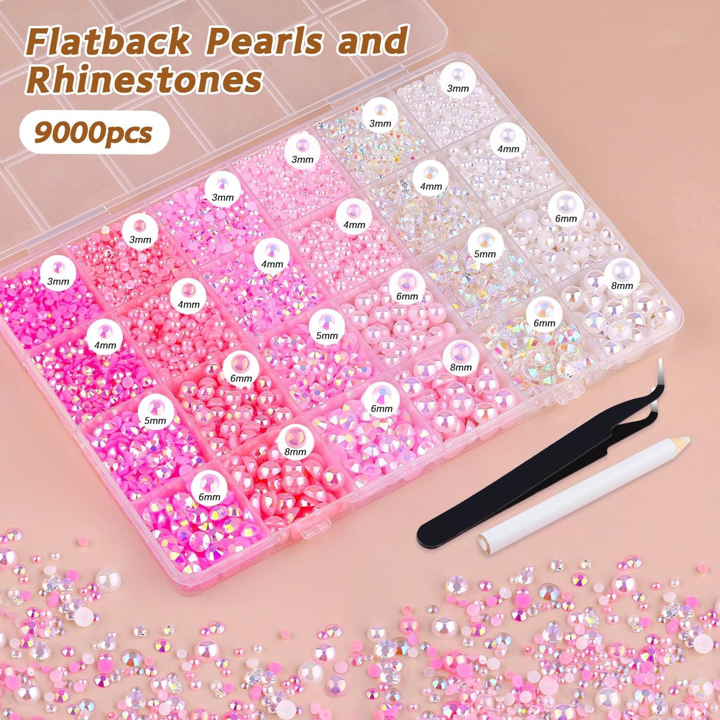 9000PCS Flatback Pearls and Rhinestones for Bedazzling, Pink White Mixed Size 3-8mm Resin Rhinestones and Half Pearls for Crafting, Nail Art and Grad Cap Decoration with Tweezers and Pickup Pencil